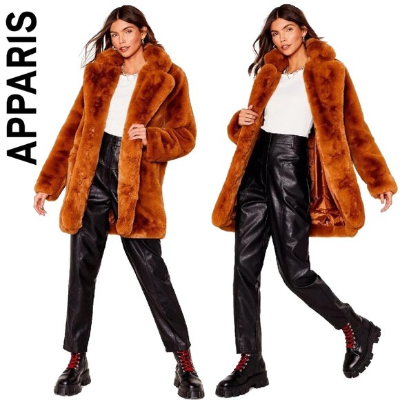 💥SHOWSTOPPER!💥APPARIS SOPHIE CHUNKY PLUCHE FUR OVERSIZED COAT IN CHESTNUT - Picture 1 of 8